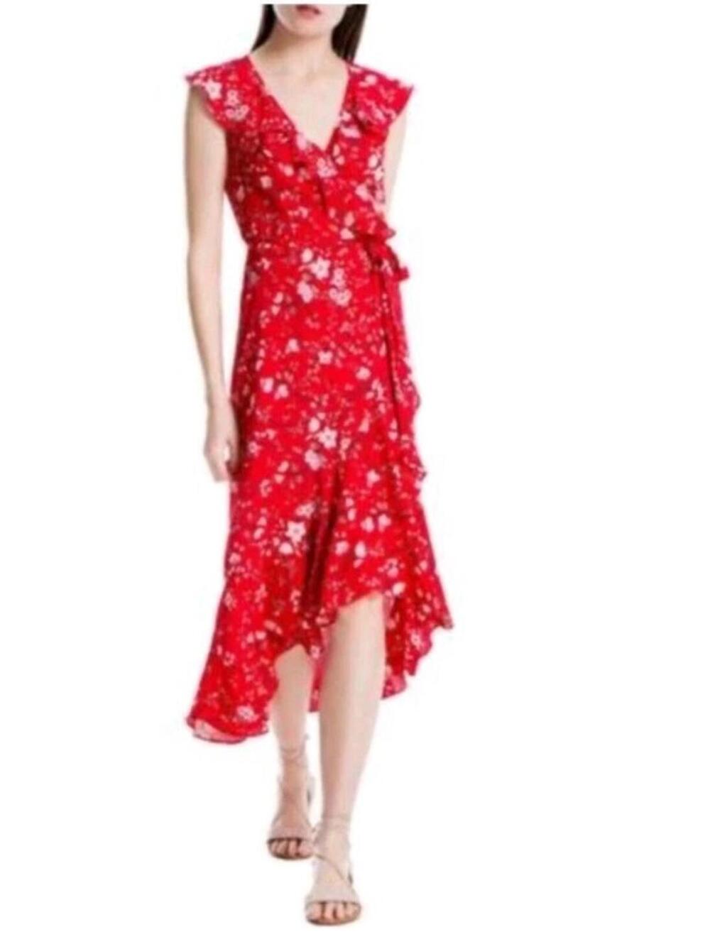 MAX STUDIO Long High Low Ruffle Dress Red White Floral Size XS NWOT